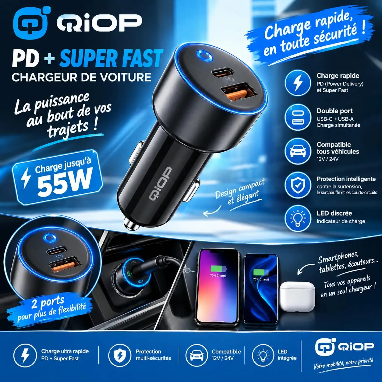 CHARGEUR DE VOITURE QIOP 55W SUPER FAST